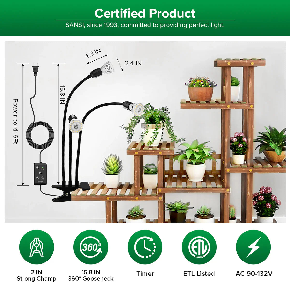 SANSI 30W LED nastavitelná lampička pro růst rostlin s časovačem